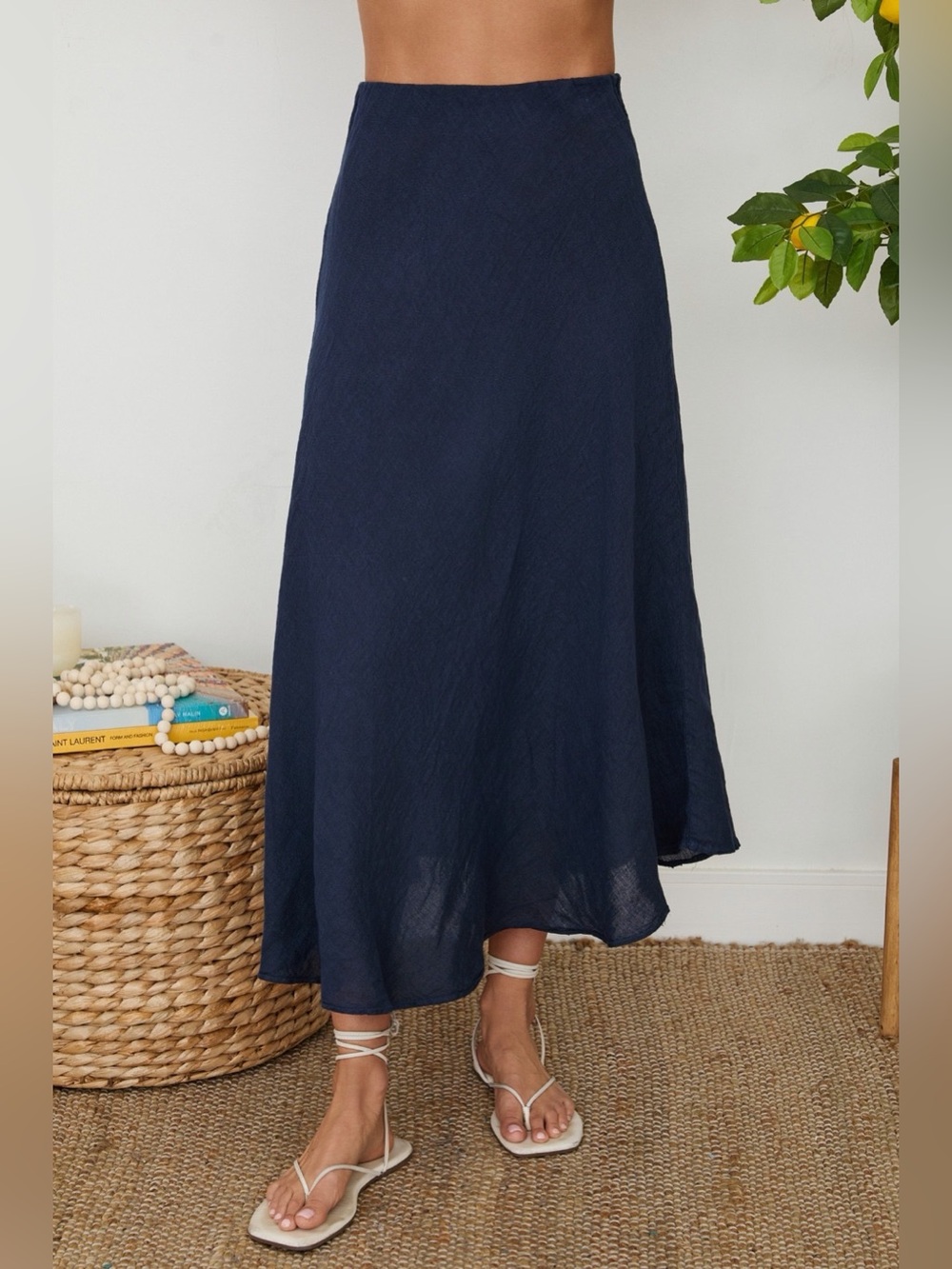 (113002-NVY) SOLID LINEN MIDI SKIRT